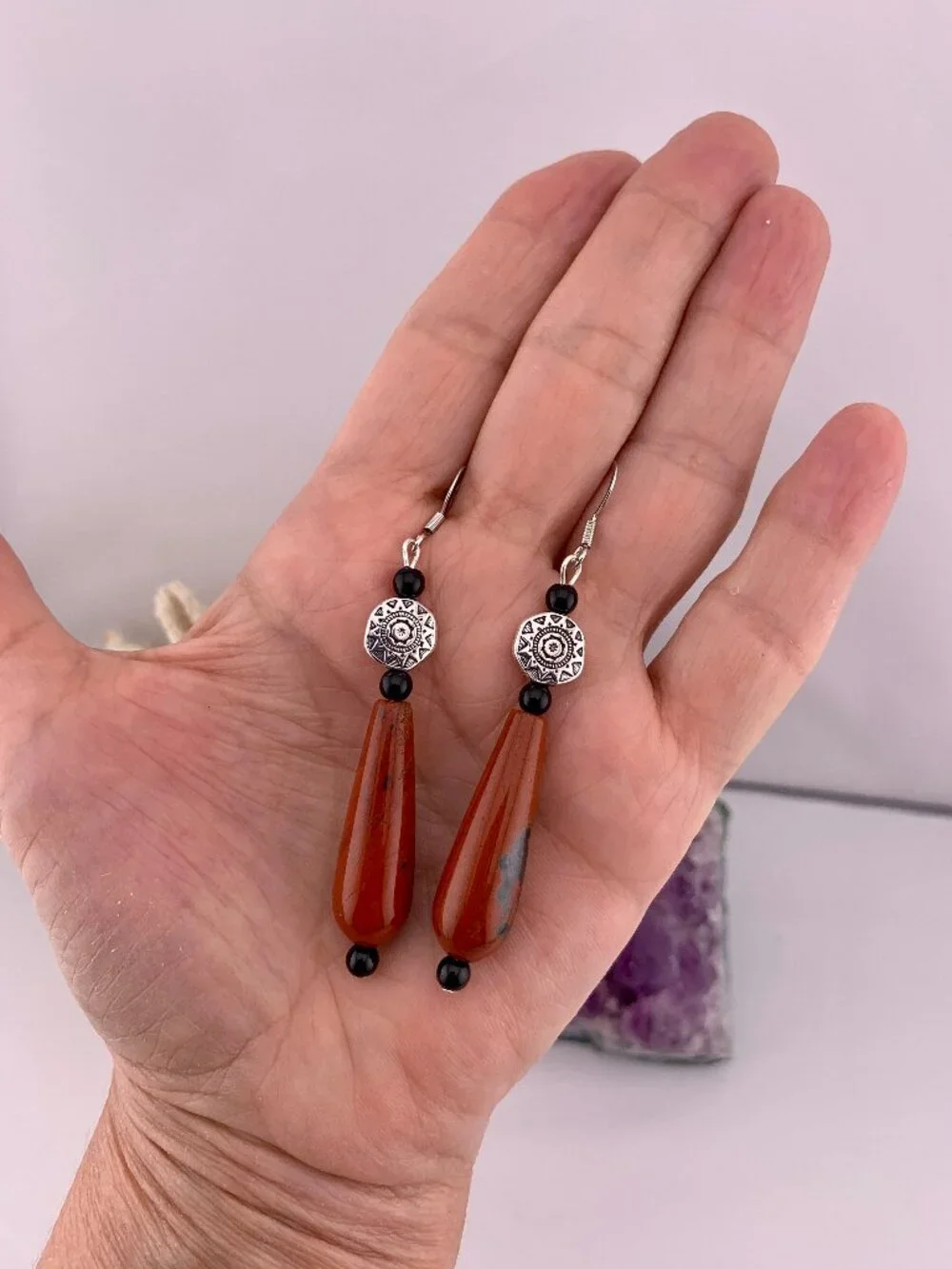 Mahogany Red Jasper Black Onyx Silver Boho Bead Long Handmade Earrings LR211